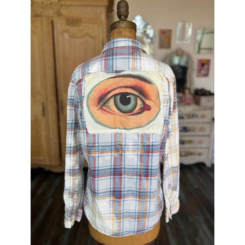 Upcycled Eye Patch Flannel Shirt Medium | Folk Art Plaid Button Down - Picture 6 of 7